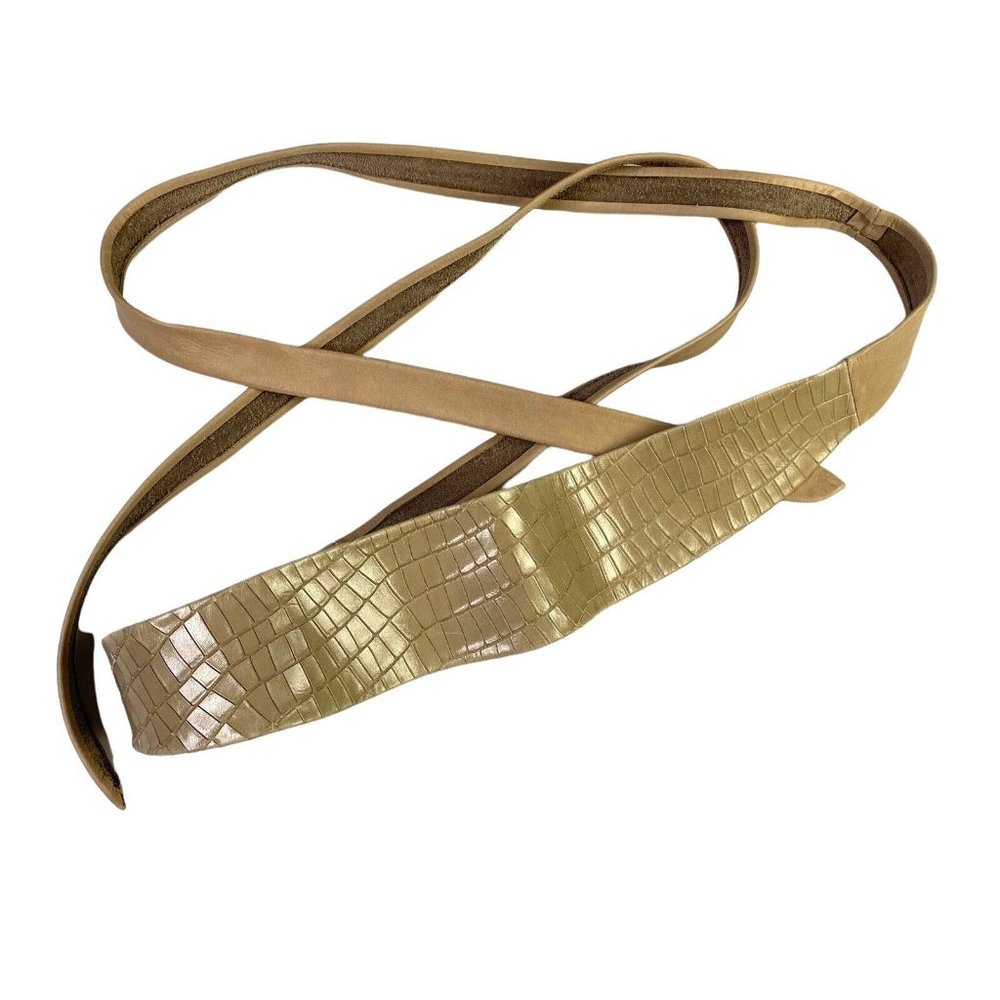 Anthropologie ADA Collection Classic Leather Wrap Belt Embossed Croc Tan Beige